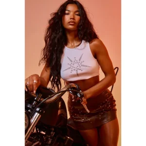 White Diamante Graphic Ribbed Racer Neck Crop Top - glamourwo.com | ladies' apparel & accessories & shoes | Discount