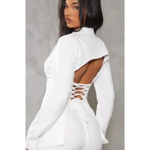 White Fitted Lace Up Back Blazer | Two Piece Sets - glamourwo.com | ladies' apparel & accessories & shoes | Discount