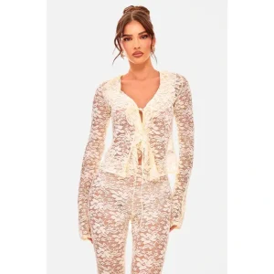 White Floral Lace Ruffle Tie Front Shirt - glamourwo.com | ladies' apparel & accessories & shoes | Store