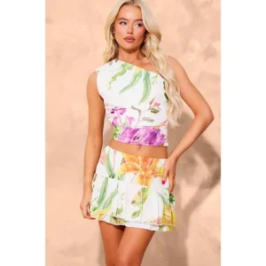 White Floral Print Chiffon One Shoulder Top - glamourwo.com | ladies' apparel & accessories & shoes | Store