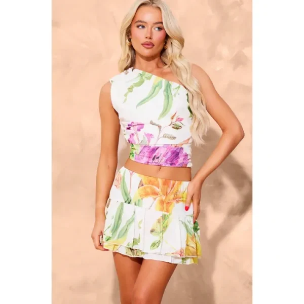 White Floral Print Chiffon One Shoulder Top - glamourwo.com | ladies' apparel & accessories & shoes | Store