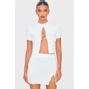White Fluffy Knit Embellished Top | Knitwear - glamourwo.com | ladies' apparel & accessories & shoes | New