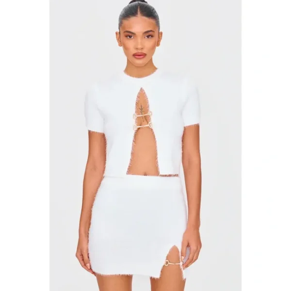 White Fluffy Knit Embellished Top | Knitwear - glamourwo.com | ladies' apparel & accessories & shoes | New