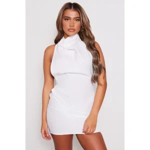 White High Neck Cowl Backless Bodycon Dress - glamourwo.com | ladies' apparel & accessories & shoes | Clearance