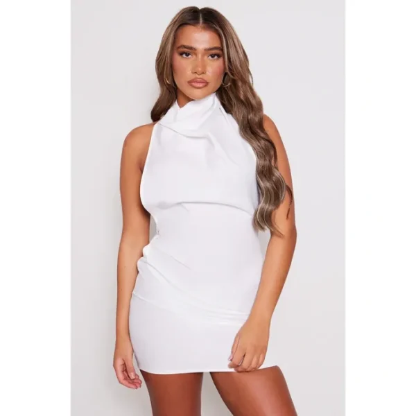 White High Neck Cowl Backless Bodycon Dress - glamourwo.com | ladies' apparel & accessories & shoes | Clearance