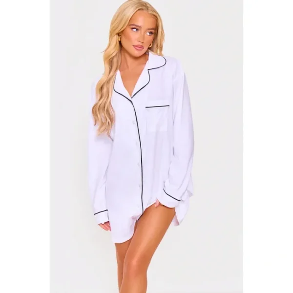 White Jersey Piping Detail Long Sleeve Nightdress - glamourwo.com | ladies' apparel & accessories & shoes | Hot