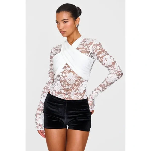 White Lace Cross Front Bodysuit | Tops - glamourwo.com | ladies' apparel & accessories & shoes | Outlet