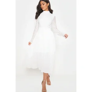 White Lace Top Pleated Midi Dress - glamourwo.com | ladies' apparel & accessories & shoes | Shop