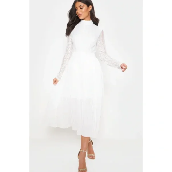 White Lace Top Pleated Midi Dress - glamourwo.com | ladies' apparel & accessories & shoes | Shop