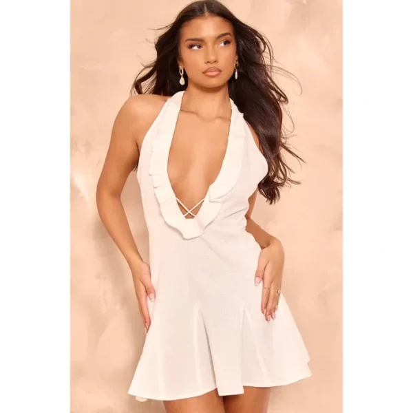 White Linen Frill Neck Cross Front Mini Dress - glamourwo.com | ladies' apparel & accessories & shoes | Store