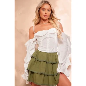 White Linen Hook & Eye Frill Sleeve Corset Top - glamourwo.com | ladies' apparel & accessories & shoes | Cheap