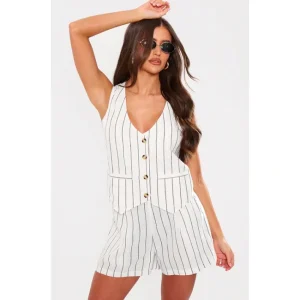 White Linen Striped Tailored Longline Vest - glamourwo.com | ladies' apparel & accessories & shoes | Clearance