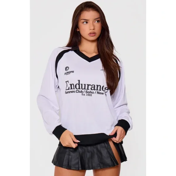 White Logo Contrast Piping Collared Jersey - glamourwo.com | ladies' apparel & accessories & shoes | Cheap