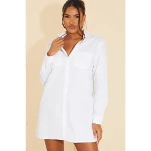White Long Sleeve Button Shirt Dress - glamourwo.com | ladies' apparel & accessories & shoes | Online