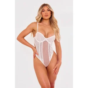 White Mesh Textured Panel Lingerie Bodysuit - glamourwo.com | ladies' apparel & accessories & shoes | Discount