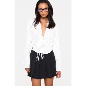 White Pinstripe Curved Hem Cropped Blazer - glamourwo.com | ladies' apparel & accessories & shoes | Best Sale