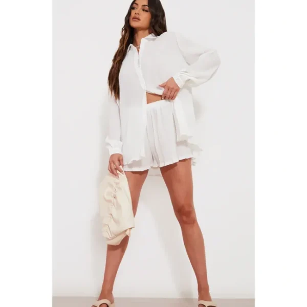 White Plisse High Waisted Shorts | Two Piece Sets - glamourwo.com | ladies' apparel & accessories & shoes | Best