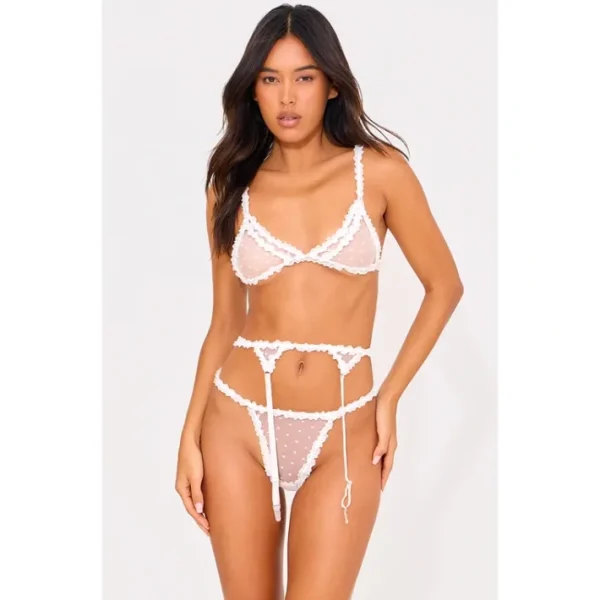 White Polka Dot Mesh 3 Piece Lingerie Set - glamourwo.com | ladies' apparel & accessories & shoes | Cheap