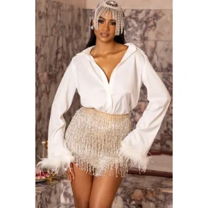 White Premium Feather Trim Shirt - glamourwo.com | ladies' apparel & accessories & shoes | Best