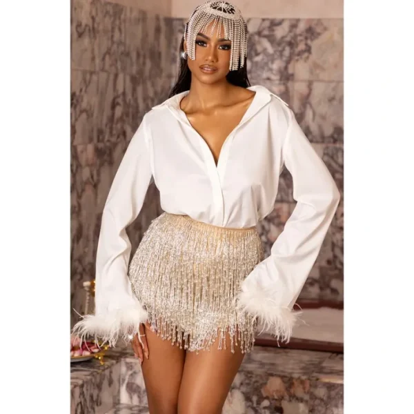 White Premium Feather Trim Shirt - glamourwo.com | ladies' apparel & accessories & shoes | Best