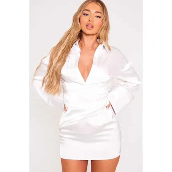 White Premium Satin Bell Sleeve Shirt Dress - glamourwo.com | ladies' apparel & accessories & shoes | Cheap