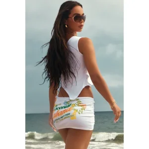 White Print Ruched Asymmetric Micro Mini Skirt - glamourwo.com | ladies' apparel & accessories & shoes | New