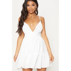 White Ruched Frill Detail Strappy Skater Dress - glamourwo.com | ladies' apparel & accessories & shoes | Discount
