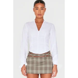 White Ruched Front Tie Detail Shirt | Tops - glamourwo.com | ladies' apparel & accessories & shoes | Store