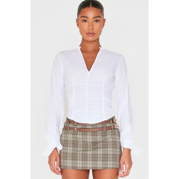 White Ruched Front Tie Detail Shirt | Tops - glamourwo.com | ladies' apparel & accessories & shoes | Store