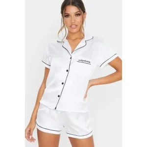 White Satin Contrast Piping Short Pj Set - glamourwo.com | ladies' apparel & accessories & shoes | Fashion