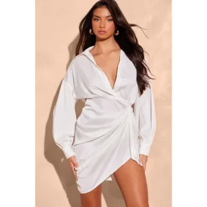 White Satin Drape Skirt Sleeve Shirt Dress - glamourwo.com | ladies' apparel & accessories & shoes | Cheap