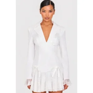 White Satin Lace Trim Bow Blazer Dress - glamourwo.com | ladies' apparel & accessories & shoes | Best Sale