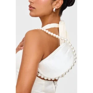 White Satin Pearl Detail Mini Crescent Handbag - glamourwo.com | ladies' apparel & accessories & shoes | Flash Sale