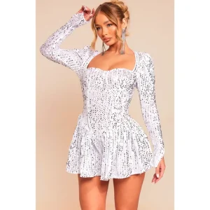 White Sequin Cup Long Sleeve Skater Romper - glamourwo.com | ladies' apparel & accessories & shoes | Best Sale
