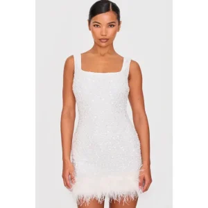 White Sequin Scoop Neck Feather Hem Shift Dress - glamourwo.com | ladies' apparel & accessories & shoes | Discount