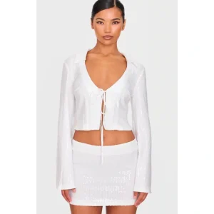 White Sequin Tie Front Detail Long Sleeve Shirt - glamourwo.com | ladies' apparel & accessories & shoes | Store