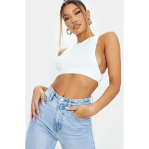 White Slinky Racer Extreme Dropped Armhole Crop Top - glamourwo.com | ladies' apparel & accessories & shoes | Clearance