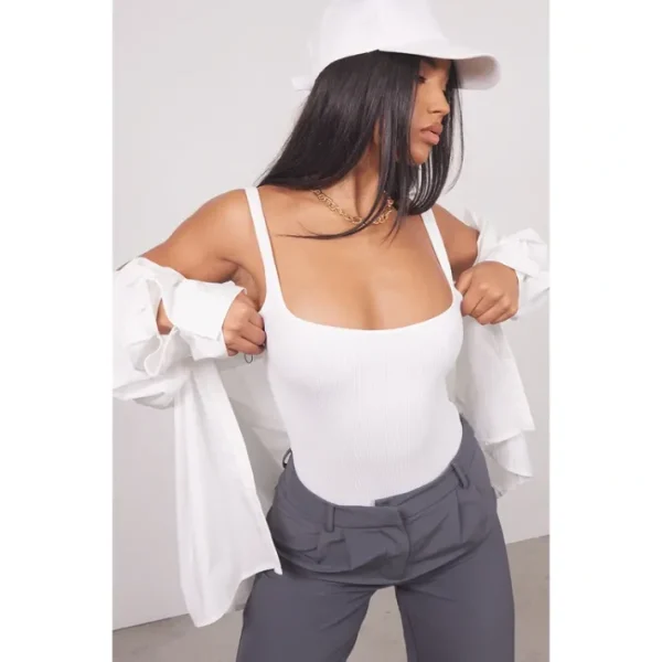White Snatched Rib Square Neck Sleeveless Bodysuit - glamourwo.com | ladies' apparel & accessories & shoes | Outlet