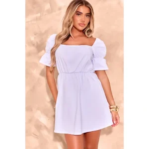 White Square Neck Puff Sleeve Shift Dress - glamourwo.com | ladies' apparel & accessories & shoes | Flash Sale
