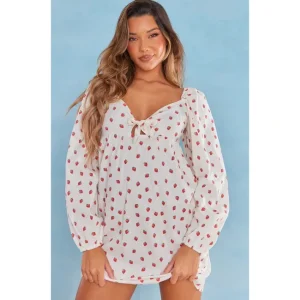 White Strawberry Print Tie Front Shift Dress - glamourwo.com | ladies' apparel & accessories & shoes | Sale