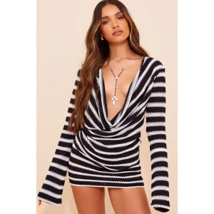 White Striped Textured Rib Long Sleeve Drape Top - glamourwo.com | ladies' apparel & accessories & shoes | Cheap