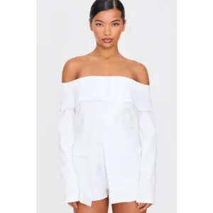 White Tailored Off The Shoulder Long Sleeve Romper - glamourwo.com | ladies' apparel & accessories & shoes | Sale