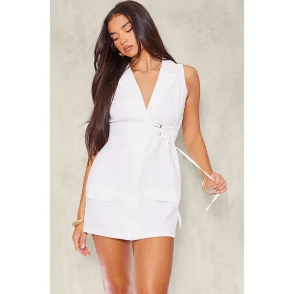 White Tailored Sleeveless Buckle Blazer Dress - glamourwo.com | ladies' apparel & accessories & shoes | Shop