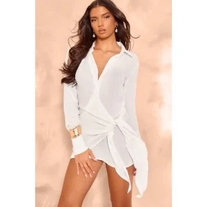 White Textured Plunge Wrap Shirt Dress - glamourwo.com | ladies' apparel & accessories & shoes | Online
