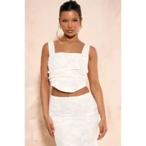 White Textured Woven Square Neck Ruched Corset - glamourwo.com | ladies' apparel & accessories & shoes | Hot