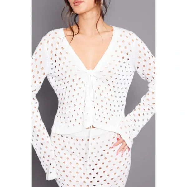 White Tie Front Hole Knit Top | Knitwear - glamourwo.com | ladies' apparel & accessories & shoes | Best Sale