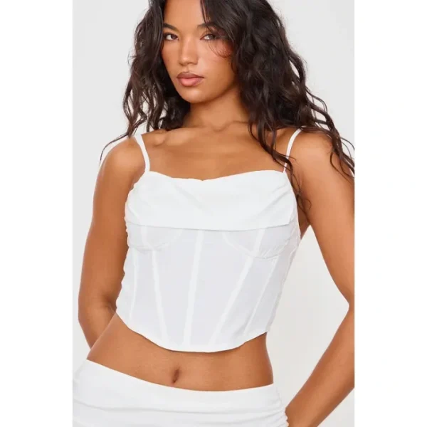 White Woven Cowl Neck Strappy Dip Hem Corset - glamourwo.com | ladies' apparel & accessories & shoes | Flash Sale