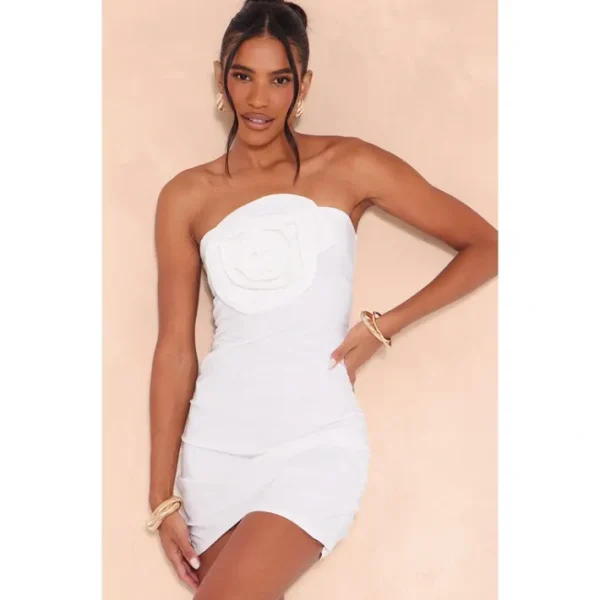 White Woven Flower Applique Bandeau Bodycon Dress - glamourwo.com | ladies' apparel & accessories & shoes | Best Sale
