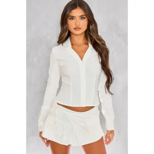 White Woven Long Sleeve Cargo Shirt | Two Piece Sets - glamourwo.com | ladies' apparel & accessories & shoes | Hot
