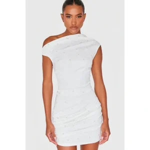 White Woven Pearl Detail Mini Dress | Dresses - glamourwo.com | ladies' apparel & accessories & shoes | Fashion